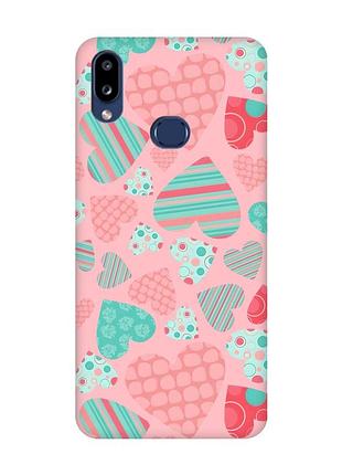 Матовый чехол с розовыми боками на samsung galaxy a10s (a107) :: разноцветные сердечка (принт 334)