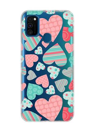 Прозорий чохол на samsung galaxy m30s/m21 :: різнокольорові сердечка (принт 334)
