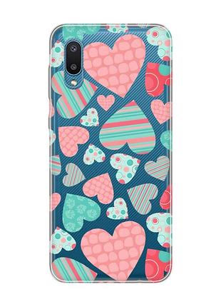 Прозрачный чехол на samsung galaxy a02/a022 (2021) :: разноцветные сердечка (принт 334)