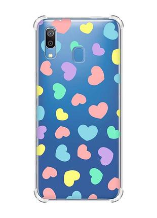 Чехол с утолщёнными углами на samsung galaxy a30(2019)/a20(2019) :: разноцветные сердечка (принт 335)