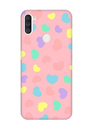 Матовый чехол с розовыми боками на samsung galaxy a11 :: разноцветные сердечка (принт 335)