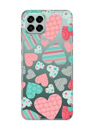 Прозорий чохол на samsung galaxy m33 5g :: різнокольорові сердечка (принт 334)