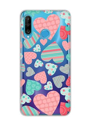 Прозрачный чехол на huawei p30 lite :: разноцветные сердечка (принт 334)