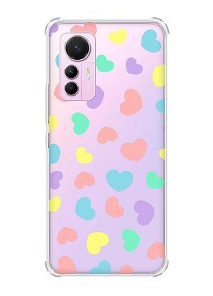 Чохол з потовщеними кутами на xiaomi 12 lite :: різнокольорові сердечка (принт 335)