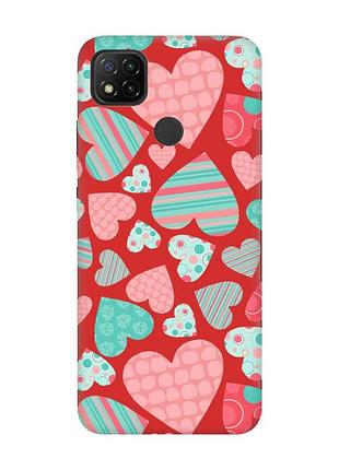 Матовый чехол с красными боками на xiaomi redmi 9c/10a :: разноцветные сердечка (принт 334)