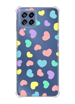 Чохол з потовщеними кутами на samsung galaxy m53 (m536) 5g :: різнокольорові сердечка (принт 335)