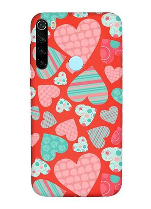 Матовый чехол с красными боками на xiaomi redmi note 8t :: разноцветные сердечка (принт 334)