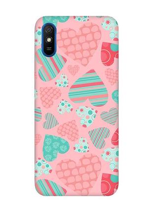 Матовый розовый чехол на xiaomi redmi 9a разноцветные сердечка (принт 334)