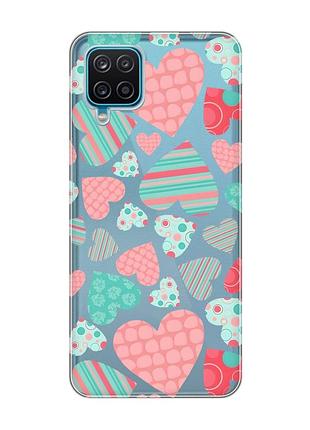 Прозрачный чехол на samsung galaxy a12 4g :: разноцветные сердечка (принт 334)