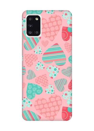 Матовый чехол с розовыми боками на samsung galaxy a31 :: разноцветные сердечка (принт 334)