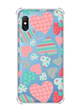 Чохол з потовщеними кутами на xiaomi redmi note 6 pro :: різнокольорові сердечка (принт 334)