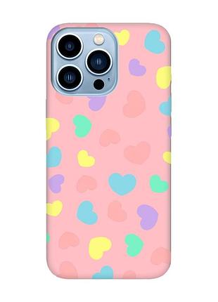 Матовый чехол с розовыми боками на apple iphone 13 pro max :: разноцветные сердечка (принт 335)