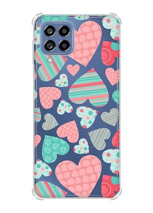 Чехол с утолщёнными углами на samsung galaxy m53 (m536) 5g :: разноцветные сердечка (принт 334)