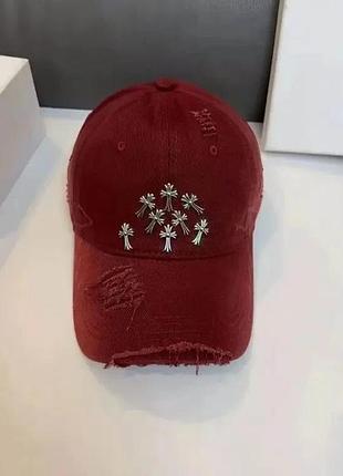 Джинсовая кепка chrome hearts рваная, брендовая бейсболка chrome hearts джинс, кепка хром хартс, рванная кепка бордо