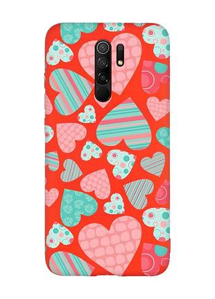 Матовый чехол с красными боками на xiaomi redmi note 8 pro :: разноцветные сердечка (принт 334)