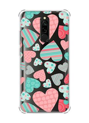 Чехол с утолщенными углами на xiaomi redmi 8 :: разноцветные сердечка (принт 334)