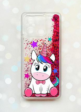Чехол с плавающими блестками на xiaomi redmi 12c розовый единорог (принт 102)