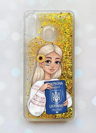 Чехол с плавающими блестками для samsung galaxy а30 (2019) а305 / a20 золотой :: девушка с паспортом (принт