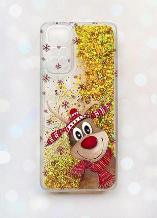 Чехол с плавающими блестками на xiaomi redmi note 11 золотой :: зимний олень (принт 149)