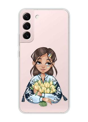 Прозрачный чехол на samsung galaxy s22 :: девушка с тюльпанами (принт 22)