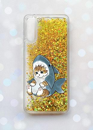 Чехол с плавающими блестками на samsung galaxy a50 (2019) a505f a30s a307 золотой :: котёнок (принт 120)