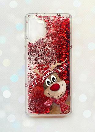 Чехол с плавающими блестками на samsung galaxy a32 красный :: зимний олень (принт 149)
