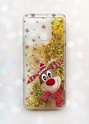 Чехол с плавающими блестками на xiaomi redmi 12c золотой :: зимний олень (принт 149)