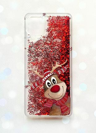 Чехол с плавающими блестками samsung galaxy a12 красный :: зимний олень (принт 149)