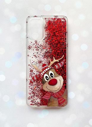 Чехол с плавающими блестками на samsung galaxy a03s (a037) красный :: зимний олень (принт 149)
