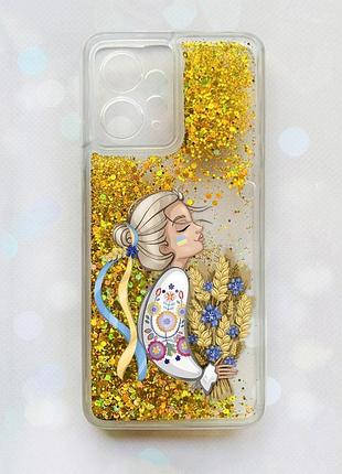 Чехол с плавающими блестками на xiaomi redmi note 12 4g золотой :: украинка с колосками (принт 173)