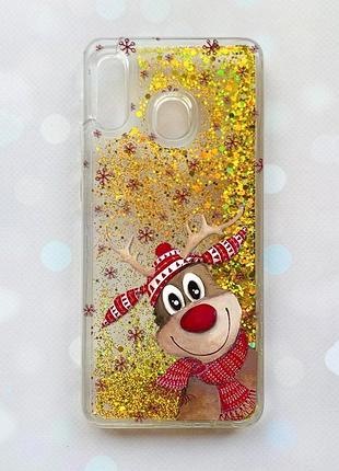 Чехол с плавающими блестками для samsung galaxy а30 (2019) а305 / a20 золотой :: зимний олень (принт 149)