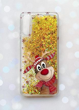 Чехол с плавающими блестками на samsung galaxy a50 (2019) a505f a30s a307 золотой :: зимний олень (принт 149)