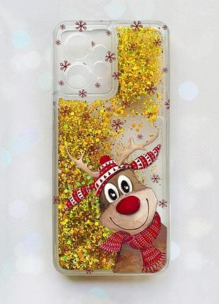 Чехол с плавающими блестками на xiaomi redmi note 12 4g золотой :: зимний олень (принт 149)