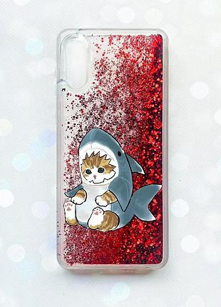 Чехол с плавающими блестками на samsung galaxy a02 / a022 (2021) красный :: котёнок (принт 120)