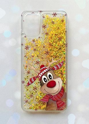 Чехол с плавающими блестками на samsung galaxy a03s (a037) золотой :: зимний олень (принт 149)