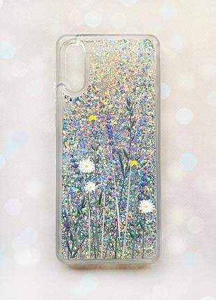 Чехол с плавающими блестками на samsung galaxy a02 / a022 (2021) серебряный :: полевые цветы (принт 270)