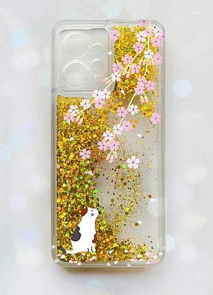 Чехол с плавающими блестками на xiaomi redmi note 12 4g золотой :: котик и сакура (принт 283)