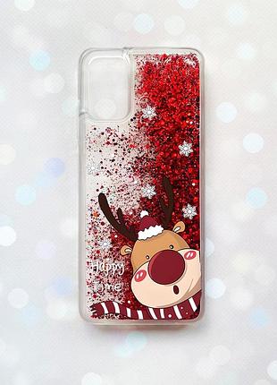 Чехол с плавающими блестками на samsung galaxy a03s (a037) красный :: зимний оленёнок (принт 155)
