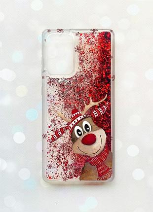 Чехол с плавающими блестками на samsung galaxy a52 (a525) красный :: зимний олень (принт 149)