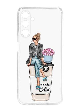 Прозорий силіконовий чохол на samsung galaxy m14 :: дівчина на каві (принт 228)