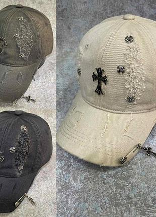 Джинсовая кепка chrome hearts рваная, брендовая бейсболка chrome hearts джинс, кепка хром хартс, рванная кепка