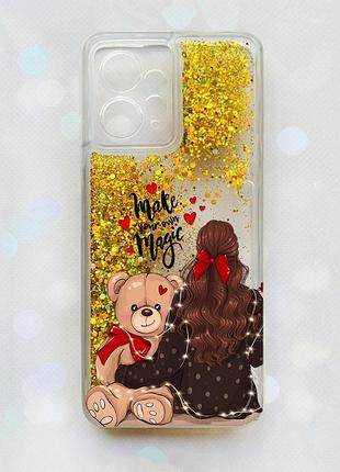 Чехол с плавающими блестками на xiaomi redmi note 12 4g золотой девушка с мишкой (принт 188)