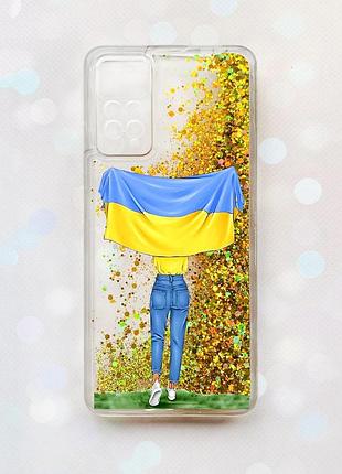 Чехол с плавающими блестками на xiaomi redmi note 11 pro/12 pro 4g золотой девушка с флагом (принт 263)
