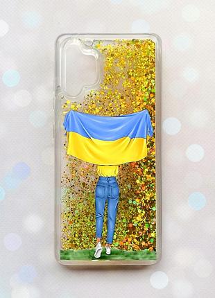 Чехол с плавающими блестками на samsung galaxy a32 золотой девушка с флагом (принт 263)