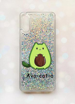 Чехол с плавающими блестками на samsung galaxy a02 / a022 (2021) серебряный котик авокадо (принт 306)