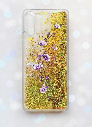 Чехол с плавающими блестками на samsung galaxy a02 / a022 (2021) золотой :: веточка цветов (принт 278)