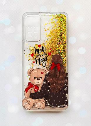 Чехол с плавающими блестками на xiaomi redmi note 11 pro/12 pro 4g золотой девушка с мишкой (принт 188)