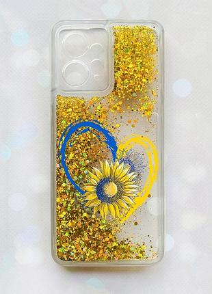 Чехол с плавающими блестками на xiaomi redmi note 12 4g золотой :: сердце с подсолнухом (принт 260)