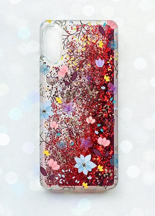 Чехол с плавающими блестками на samsung galaxy a02 / a022 (2021) красный цветочный фон (принт 267)