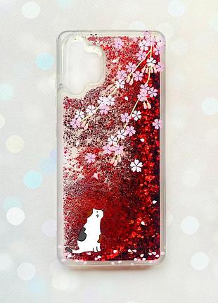 Чехол с плавающими блестками на samsung galaxy a32 красный :: котик и сакура (принт 283)